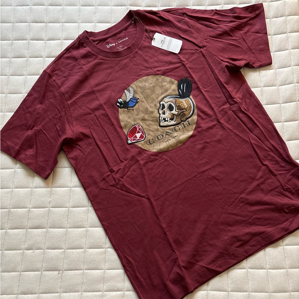 Coach x Disney Burgundy T-Shirt with Skull and Butterfly Graphic